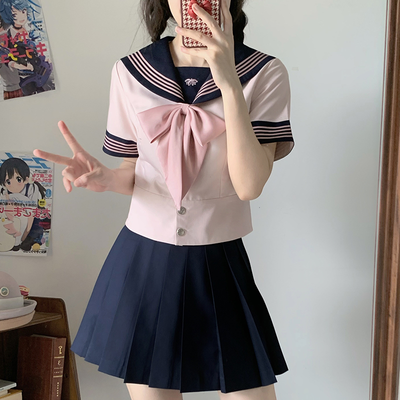 【花见森】*月野姬*日系浓绀色收腰夏季水手制服女套装校供粉色学生