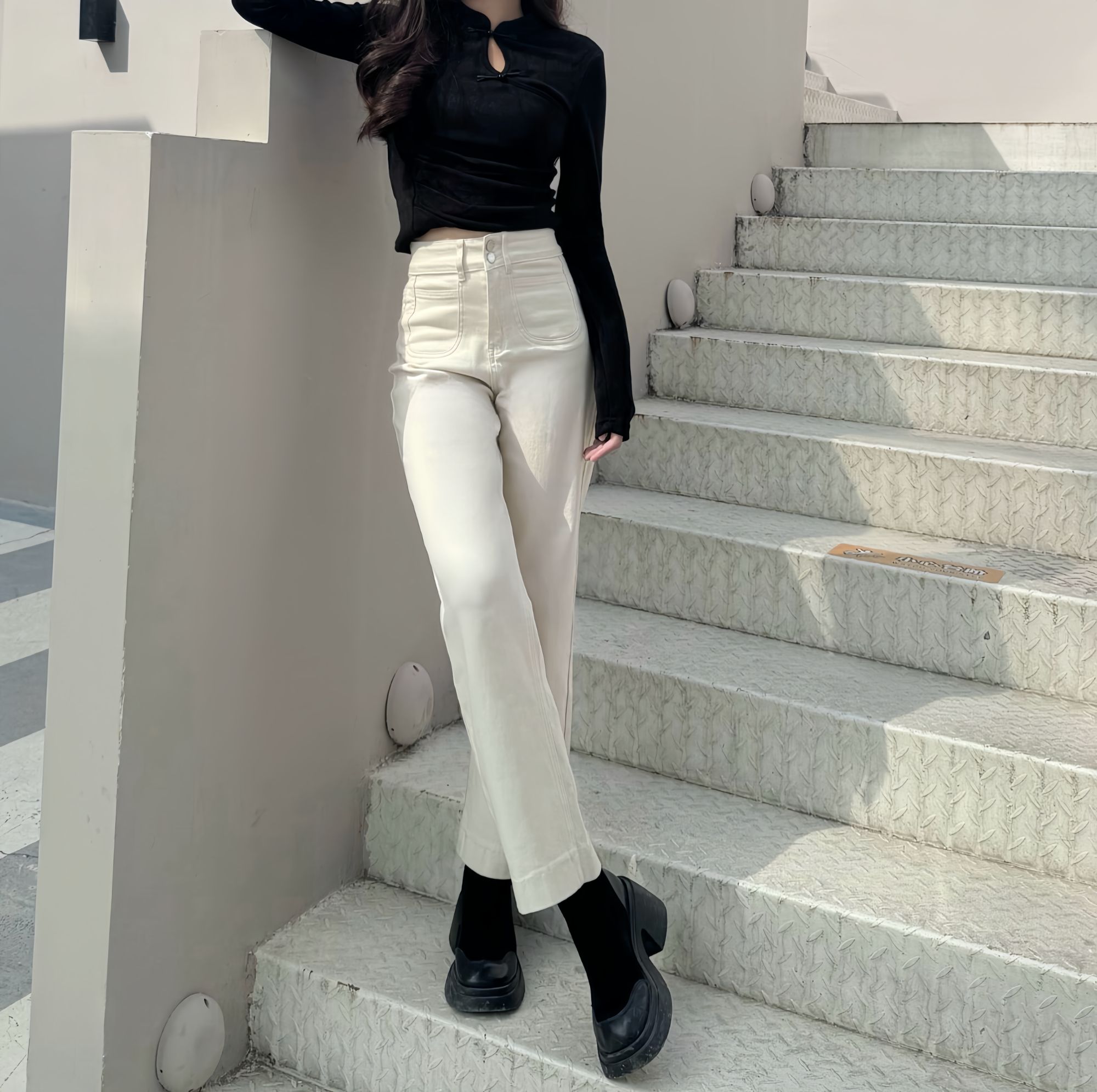 【不加绒】春秋港风气质高腰小个子显瘦阔腿牛仔直筒烟管裤9176