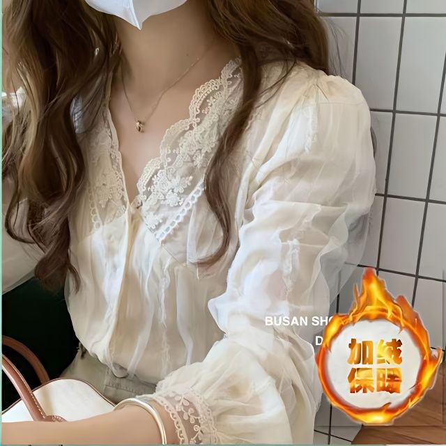 内搭小心机超仙V领小众长袖蕾丝衫加绒设计感气质温柔风百搭上衣