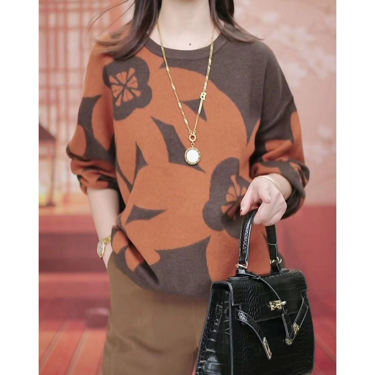 高级感时尚提花圆领长袖针织衫女秋季宽松显瘦减龄打底毛衣1629