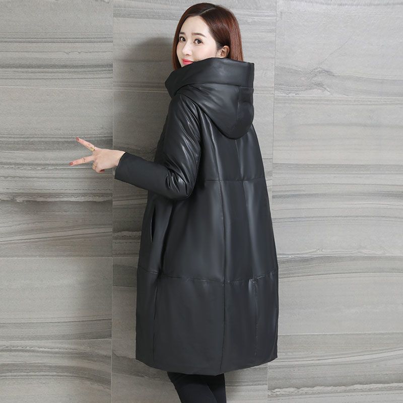 皮羽绒服户外运动中长款加绒加厚pu女皮衣羽绒服户外运动冬