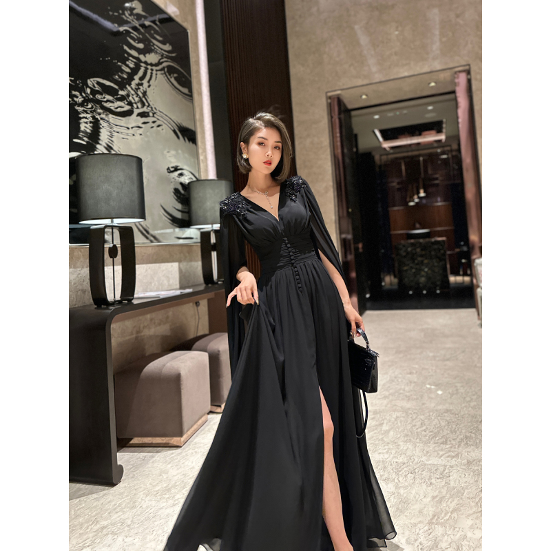 XULU原创高定纯色乔其纱重工珠片贴花高腰显身材褶皱飞飞袖连衣裙