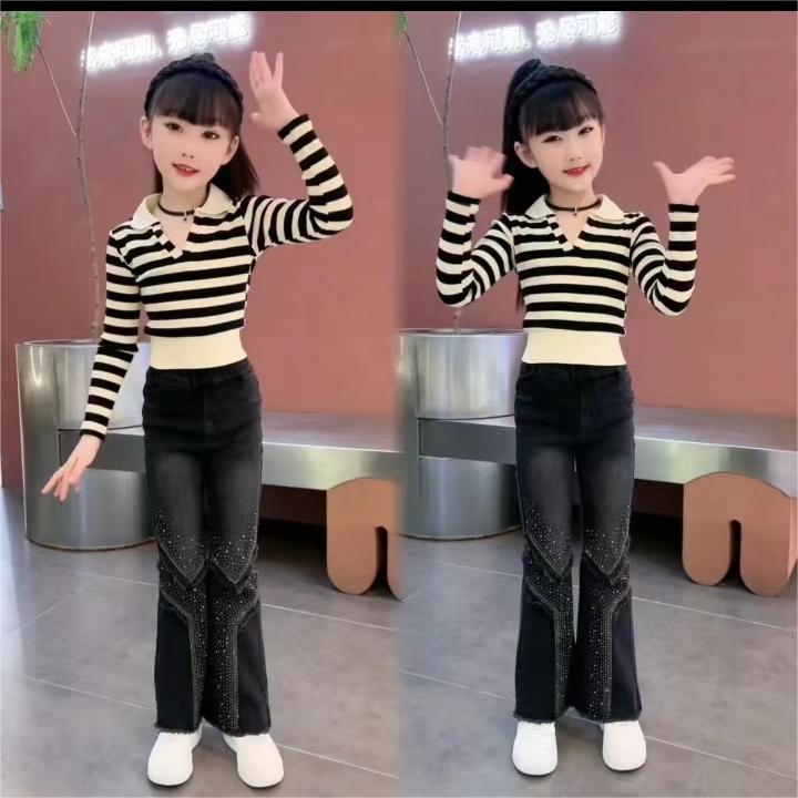 柠檬家【潮酷女孩】女童微喇烫钻牛仔裤春秋条纹Polo领百搭两件套