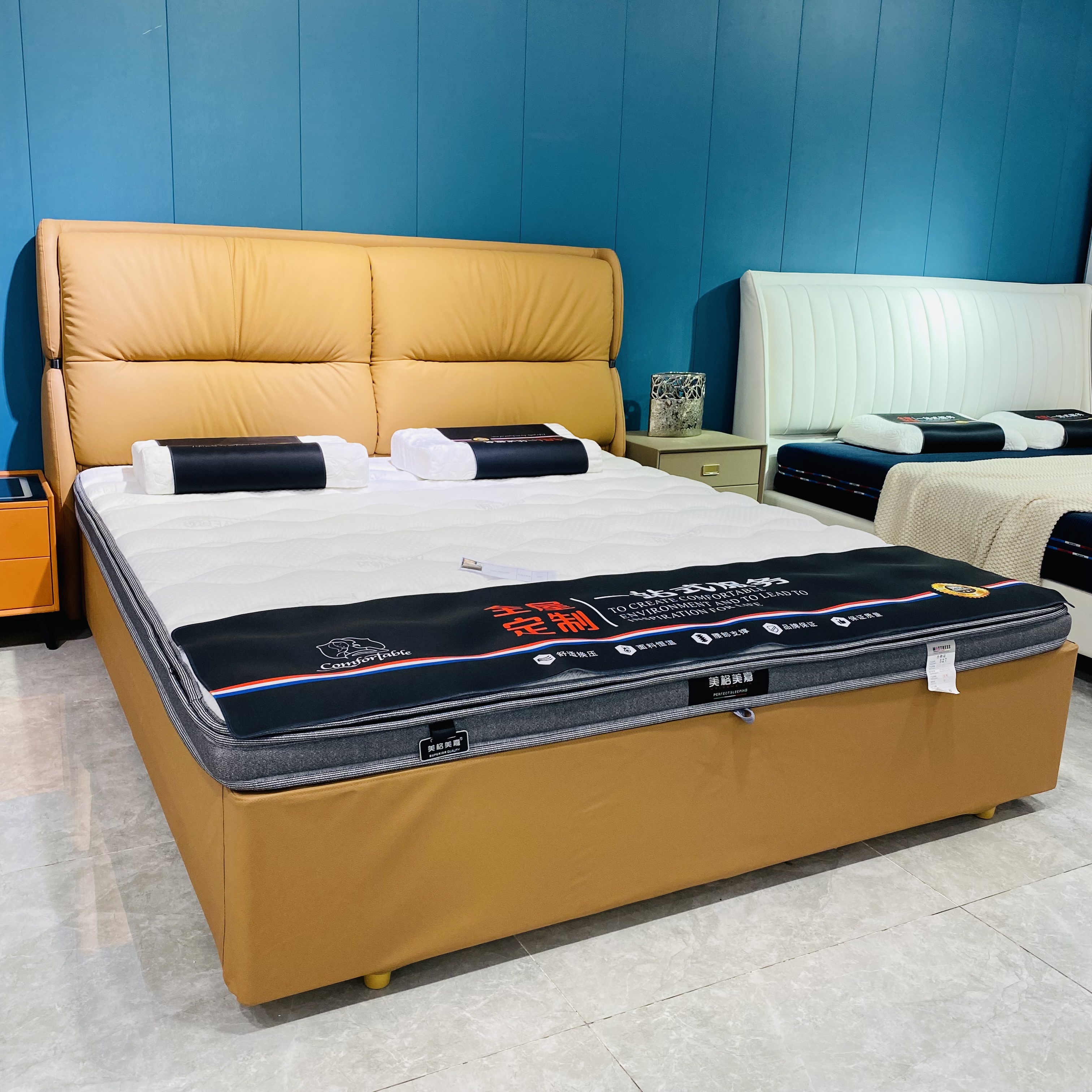 现代简约全实木大床品质生活亮色系头层牛皮大床