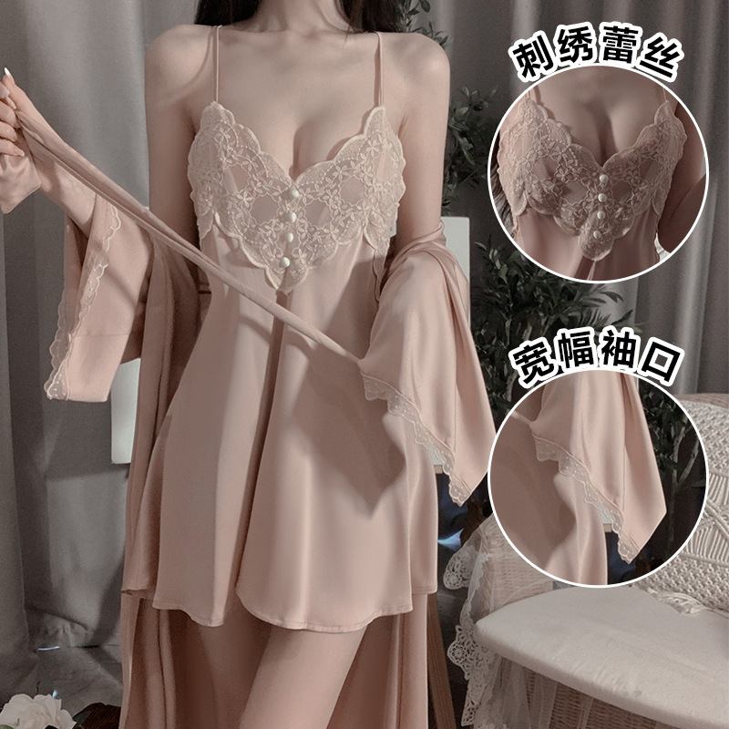 性感春夏舒适睡衣露背甜美刺绣蕾丝吊带睡裙女开衫家居服套装