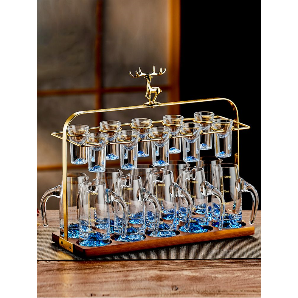 白酒杯套装家用分酒器水晶玻璃轻奢高端烈酒一口杯金箔杯子蓝山金