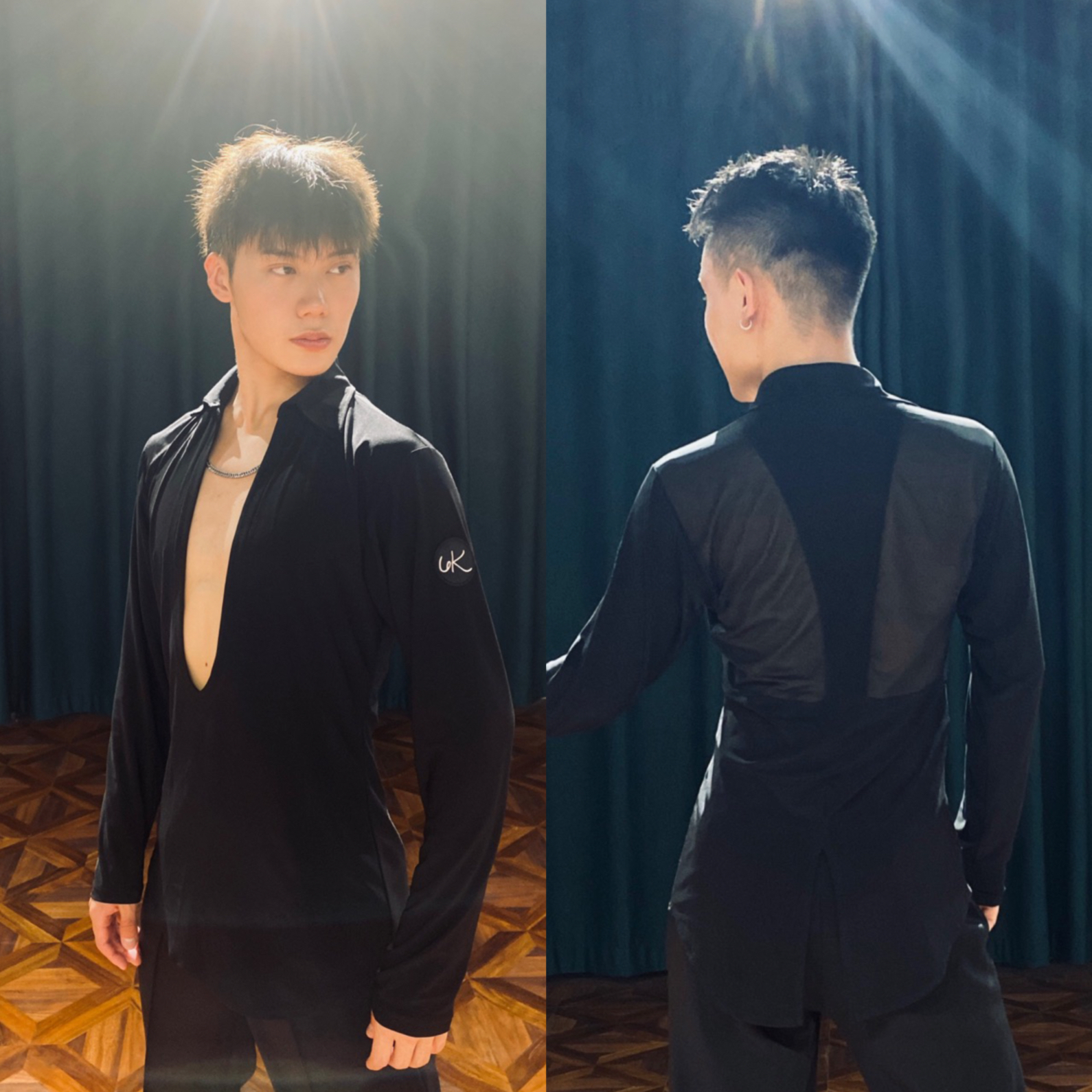 6K拉丁舞服男士上衣翻V领长袖练功服燕尾轻薄透气修身赛服艺考