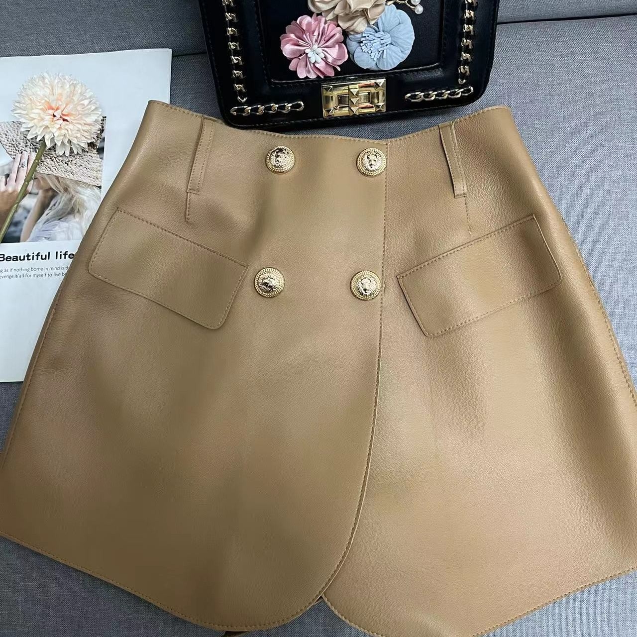 真皮绵羊皮气质时尚高腰显瘦A字版型裙裤  2303款