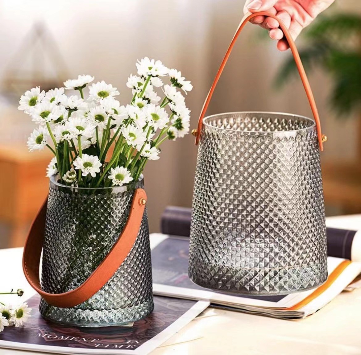 法式包包手提玻璃花瓶大口创意高级感透明插花水养风格花瓶摆件  