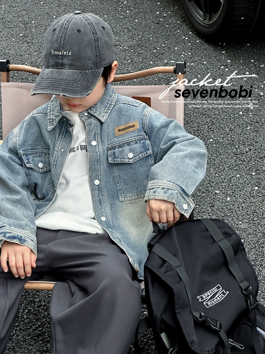 男女宝春秋装2024新款韩版童装儿童外套男女童钉标牛仔衬衫外套