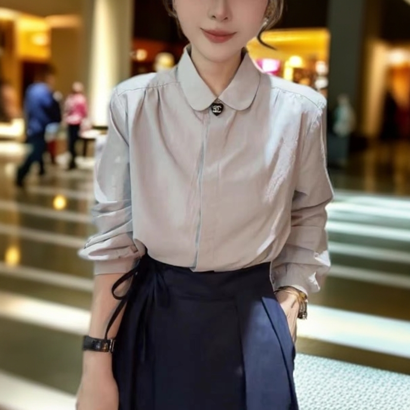 488韩系精致小圆领衬衫肩膀褶皱2024秋冬新款百搭衬衫女气质衬衣