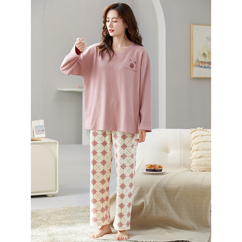 HMF睡衣女秋冬季圆领长袖韩版两件套外穿长裤休闲纯棉家居服女