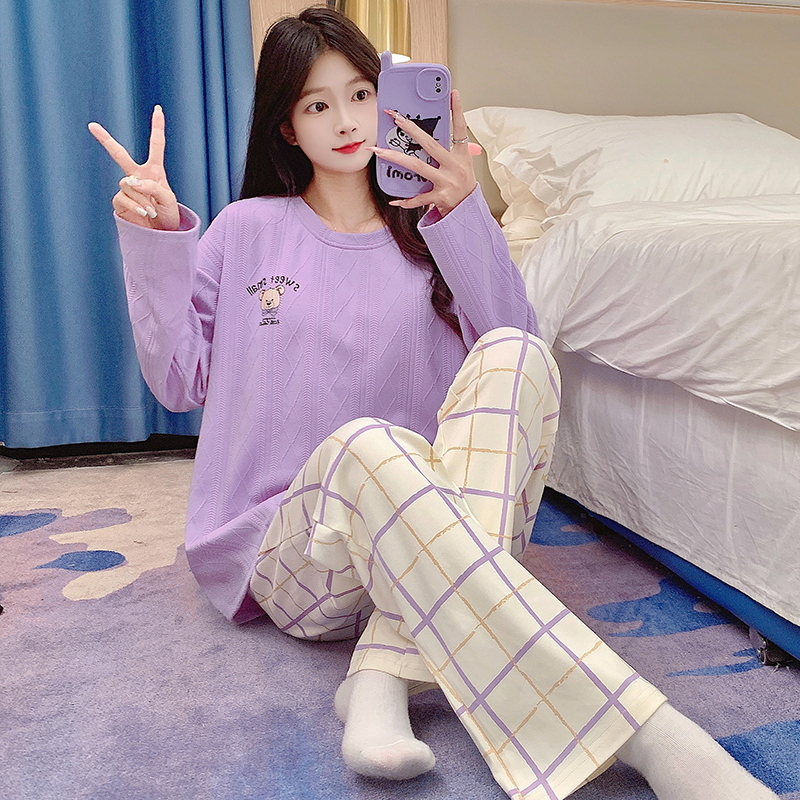 YNE睡衣女长袖长裤秋冬季圆领提花外穿休闲套头带胸垫时尚家居服