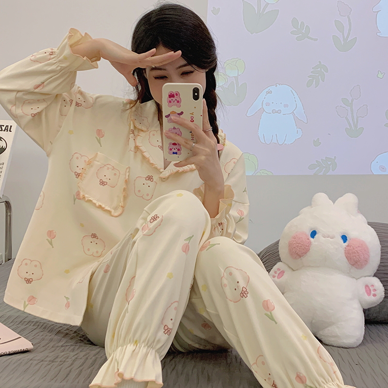 MJL睡衣女长袖长裤秋冬季V领两件套可外穿休闲前扣时尚家居服女