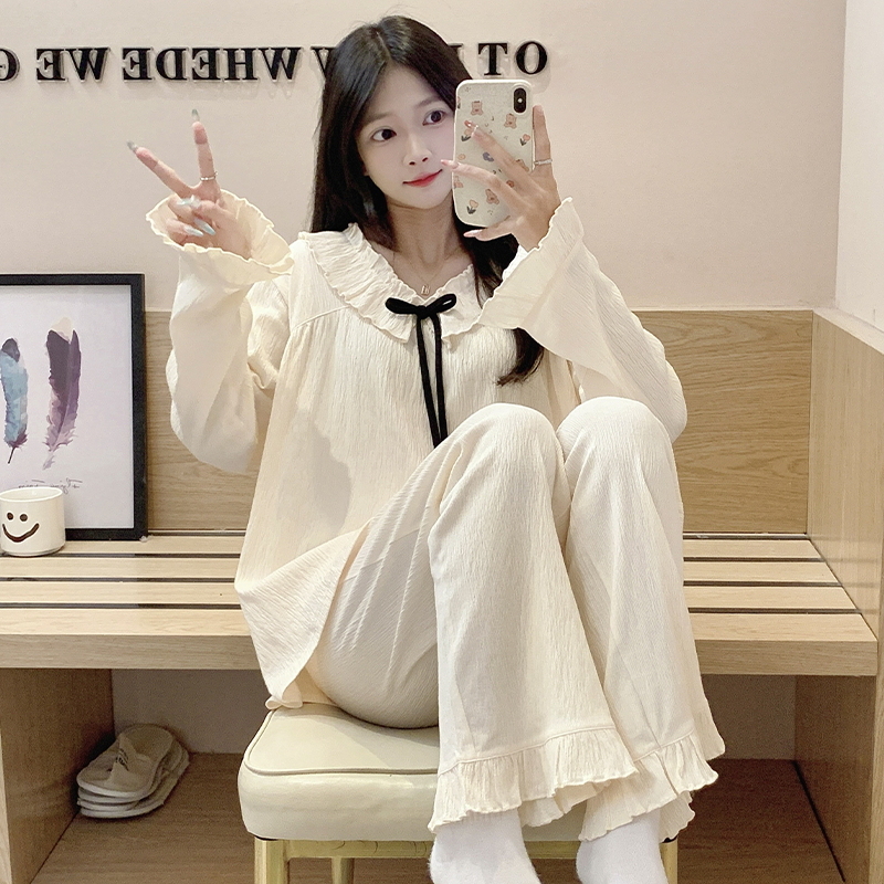 YNE睡衣女长袖长裤秋冬季圆领提花外穿休闲套头带胸垫时尚家居服