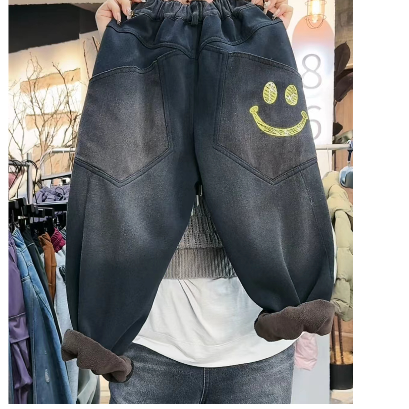 吾2024【Y】12月19日 男童女童时尚黑色一体绒笑脸牛仔裤2778-