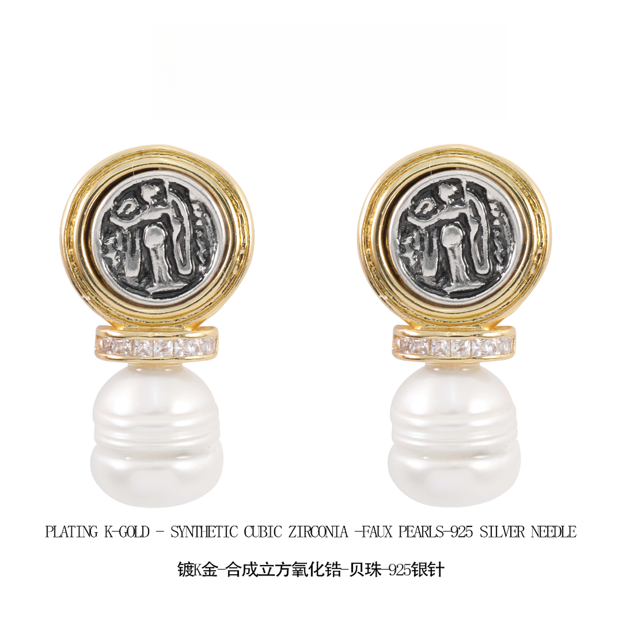 铜合金仿珍珠耳饰 气质女王法式古法镶嵌宫廷风耳钉  G1274