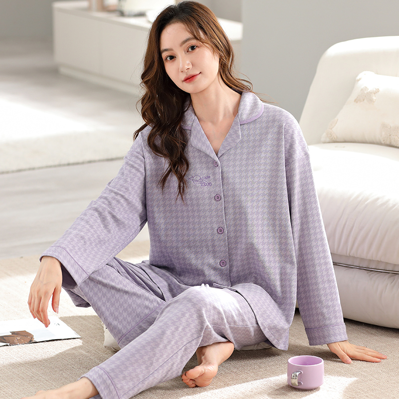 新款莉莉家女士加厚纯棉紫色千鸟格长袖开衫家居服秋冬时尚可外穿