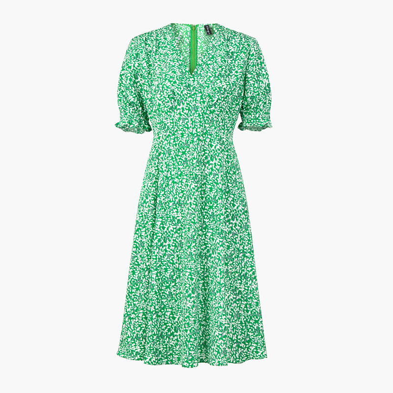 法拉鸣歌DF系列夏新款法式V领顺垂泡泡袖碎花茶歇连衣裙2色