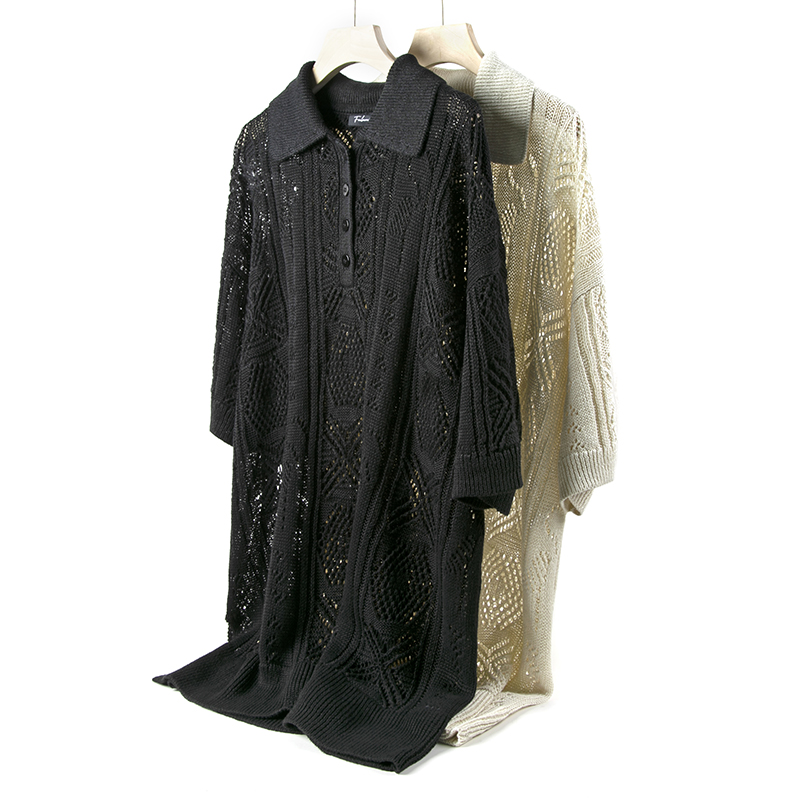 法拉鸣歌朱系列翻领重工精致镂空钩花五分袖短袖针织叠穿套衫中长