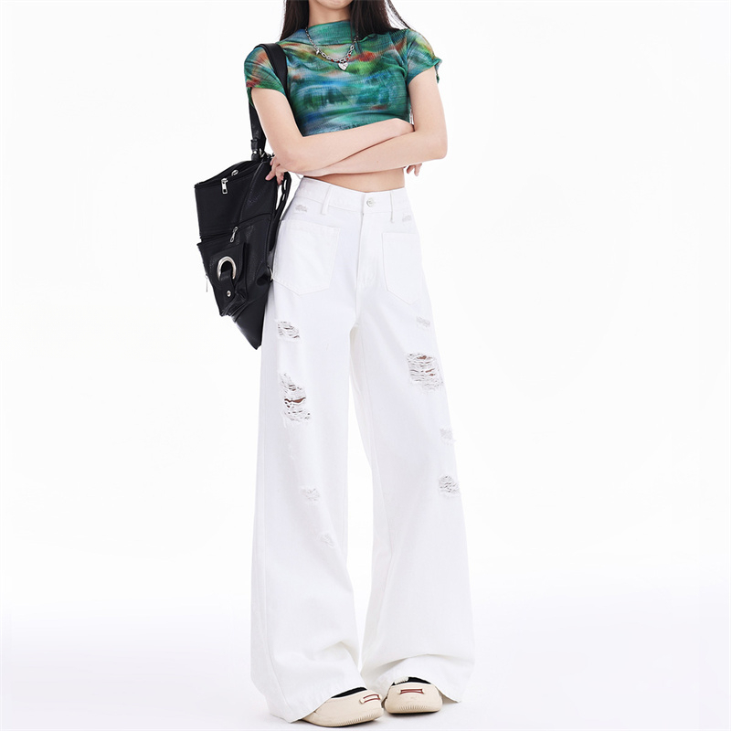 白色破洞阔腿牛仔裤女2024夏季新款高腰垂感宽松显瘦百搭直筒裤子
