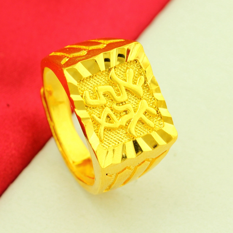 铜合金戒指 男士日韩经典霸气时尚发字板戒真金色可调节戒指饰品