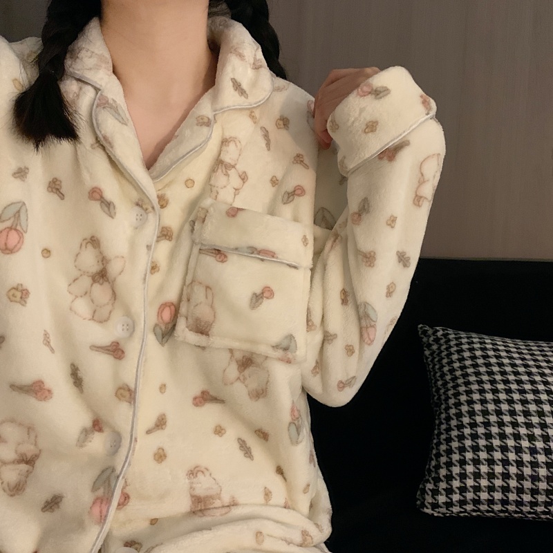 甜美少女奶兔法兰绒冬季睡衣女长袖珊瑚绒套装加厚保暖学生家居服