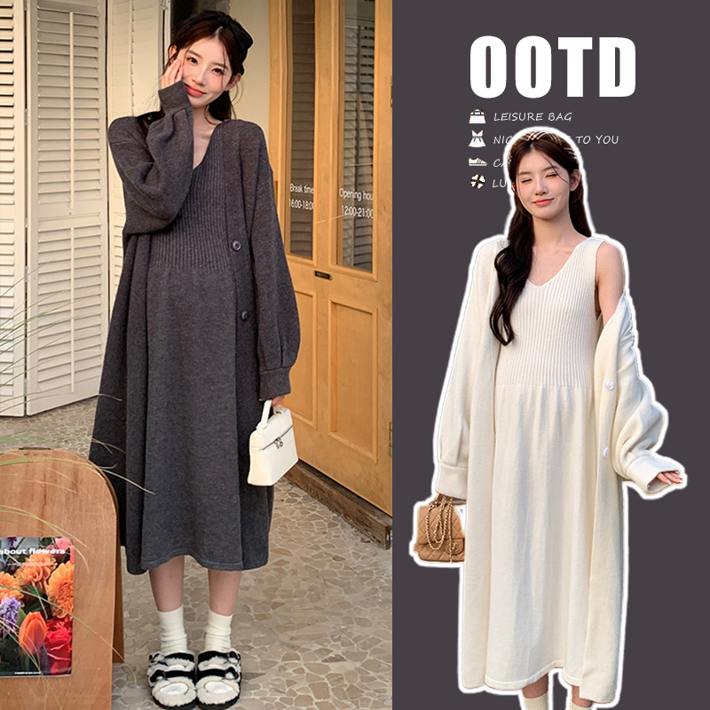 【苏遇婉】2025秋冬软糯针织开衫+吊带裙孕妇宽松显瘦慵懒洋气套装