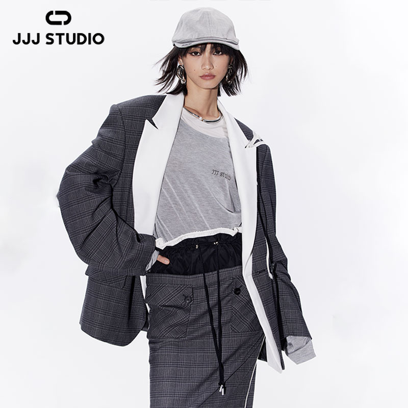 JJJ STUDIO 花灰色气质休闲撞色领设计感宽松西装外套 JKWSA1W024