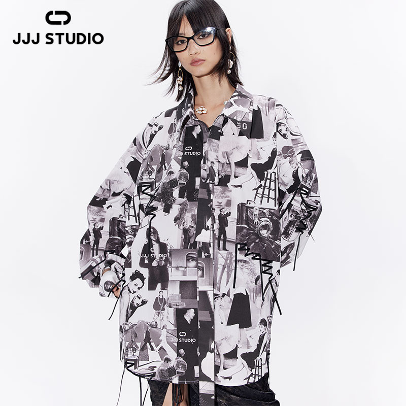 JJJ STUDIO 黑白色艺术感人物印花宽松衬衫女 配：飘带 JLWSA1C206