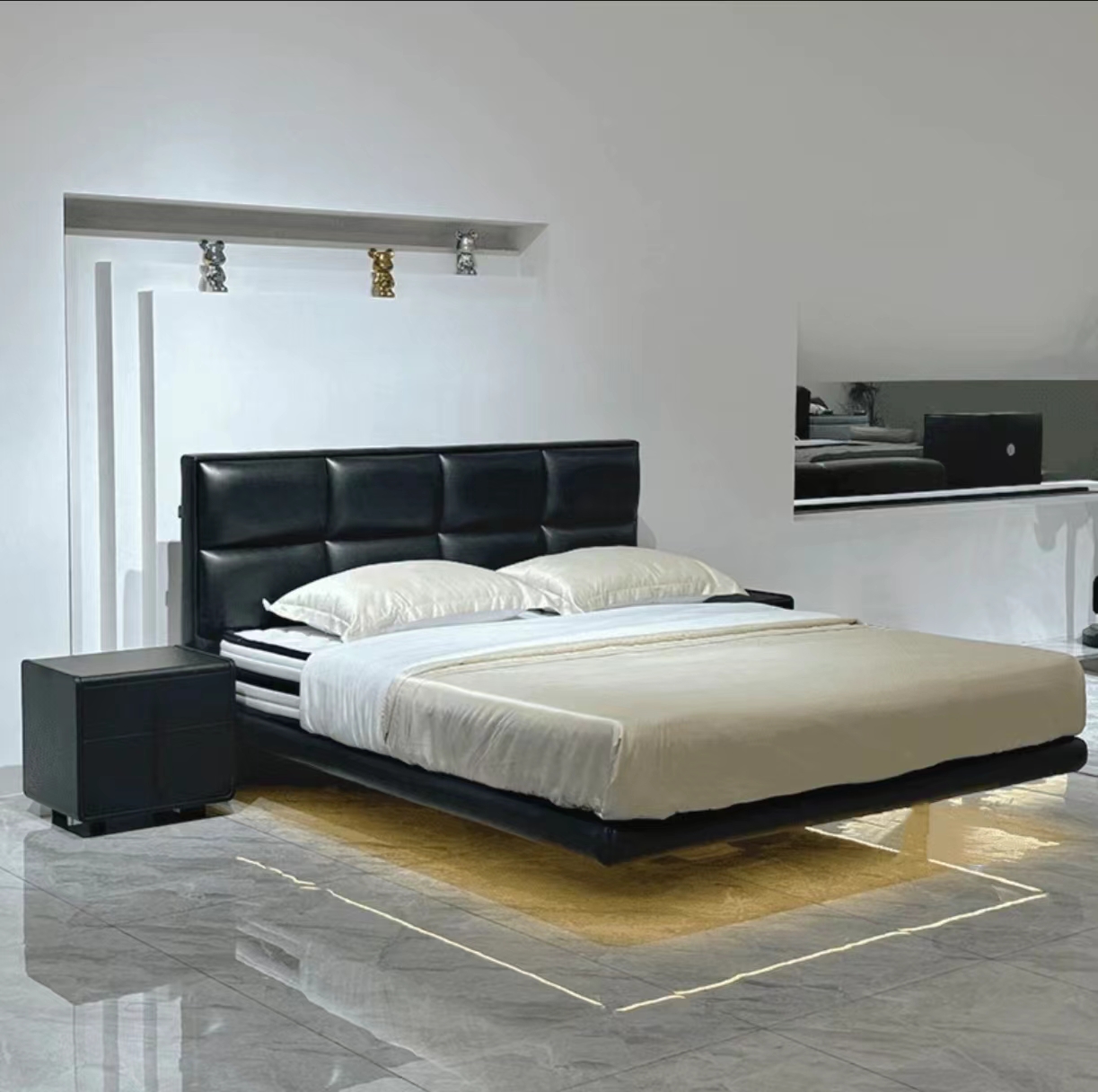 新款巧克力真皮悬浮床意式极简头层牛皮双人主卧小户型软包婚床