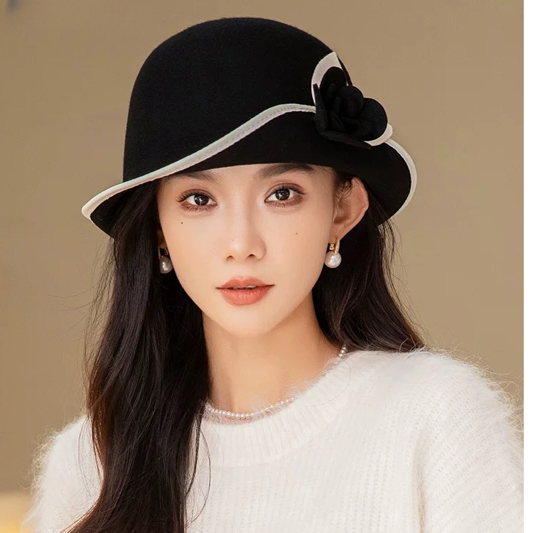 名媛时尚优雅百搭卷边礼帽小众法式赫本羊毛帽子秋冬保暖