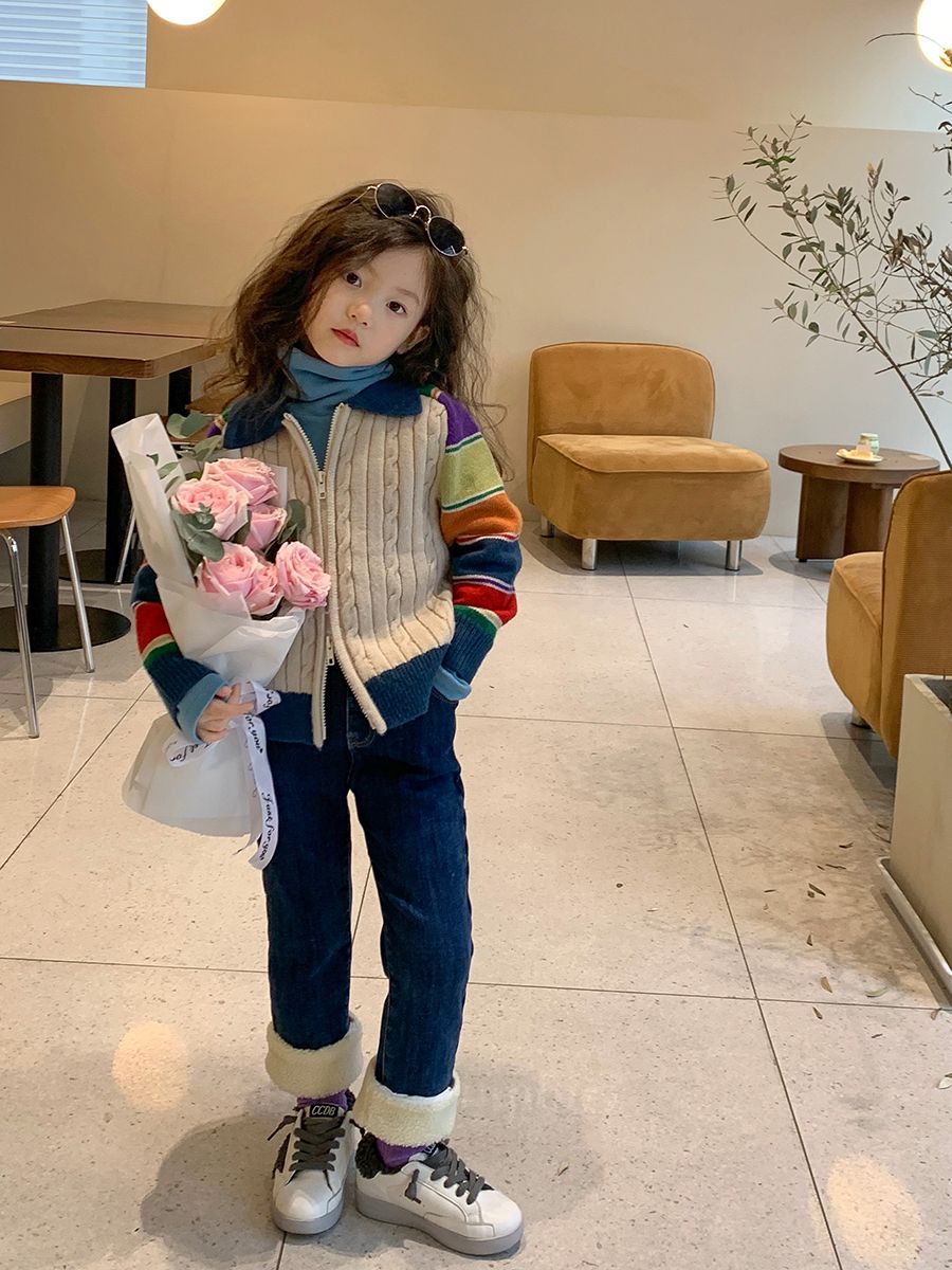 辰baby女童加绒牛仔裤一体绒加厚宝宝冬款儿童保暖卷边直筒裤子