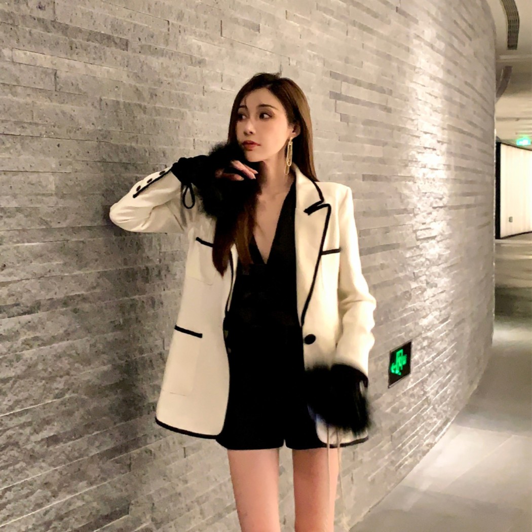 索雪儿春季新款白色英伦风醋酸西装