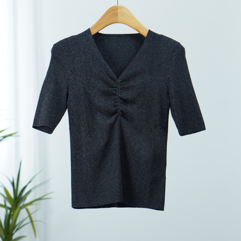 朗系列  E373   女装时尚撤柜针织V领T恤黑色