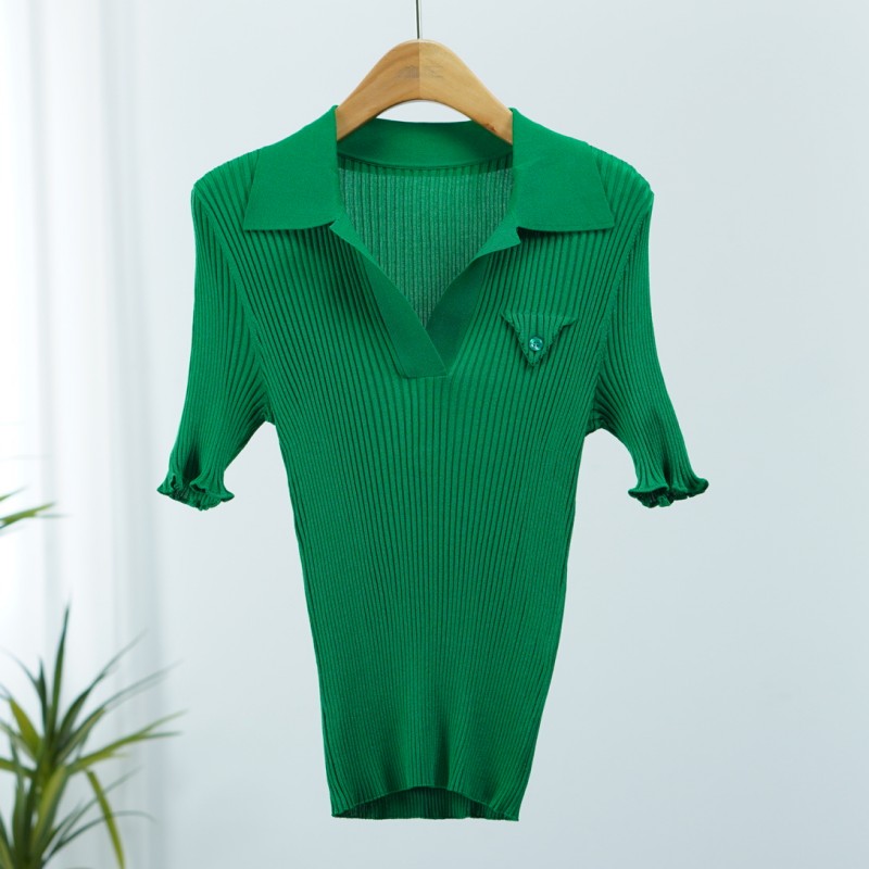 曼系列   Z783  女装时尚撤柜翻领针织短袖绿色