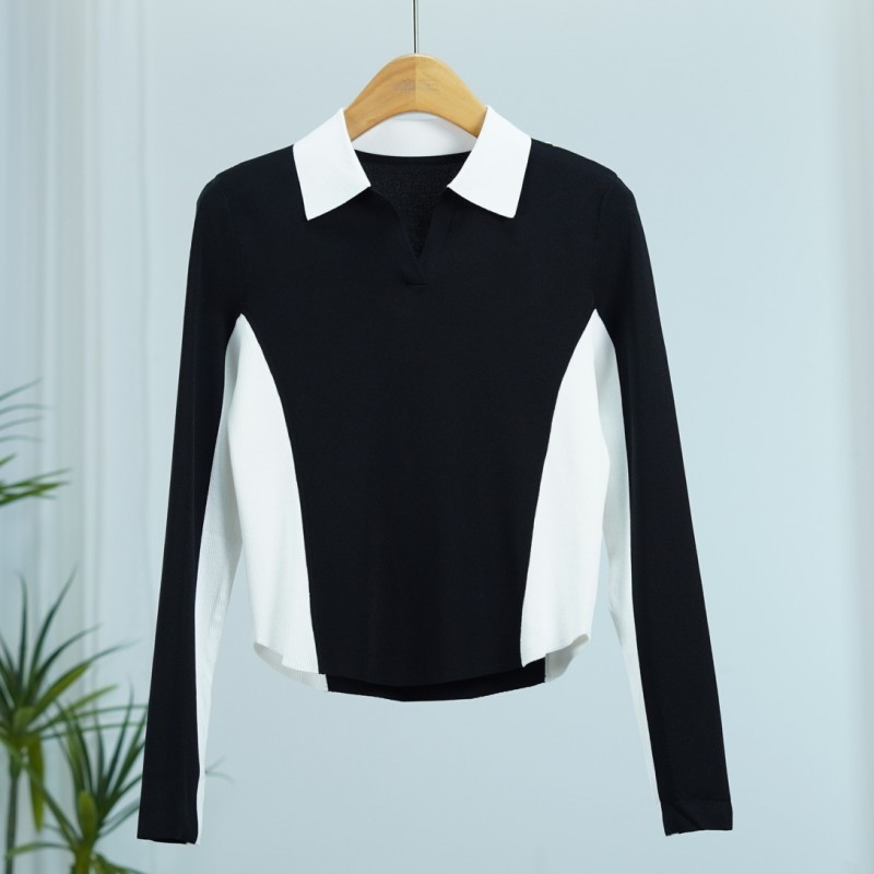 曼系列  E075  女装时尚撤柜翻领针织长袖黑色