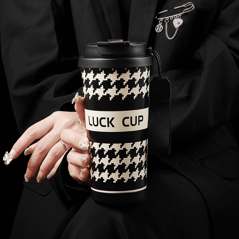 奇古堂千鸟格小香风轻奢高颜值高档保温杯便携吸管保冷冰霸水杯子