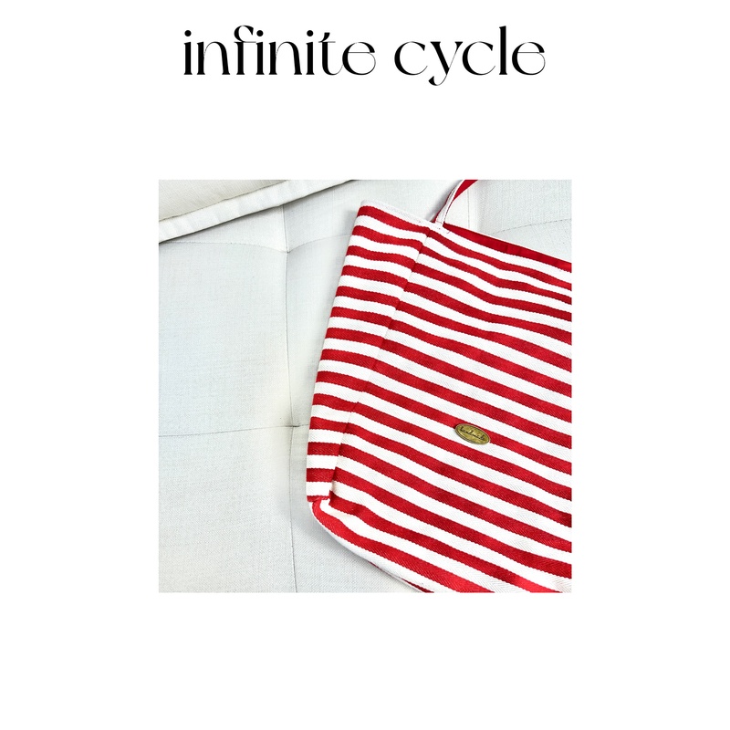 【466】infinite cycle红色条纹双面帆布单肩包大学生上课