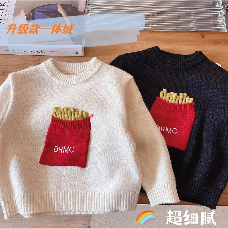 男女童针织薯条图案毛衣儿童秋冬加绒加厚洋气一体绒毛衣2023新款