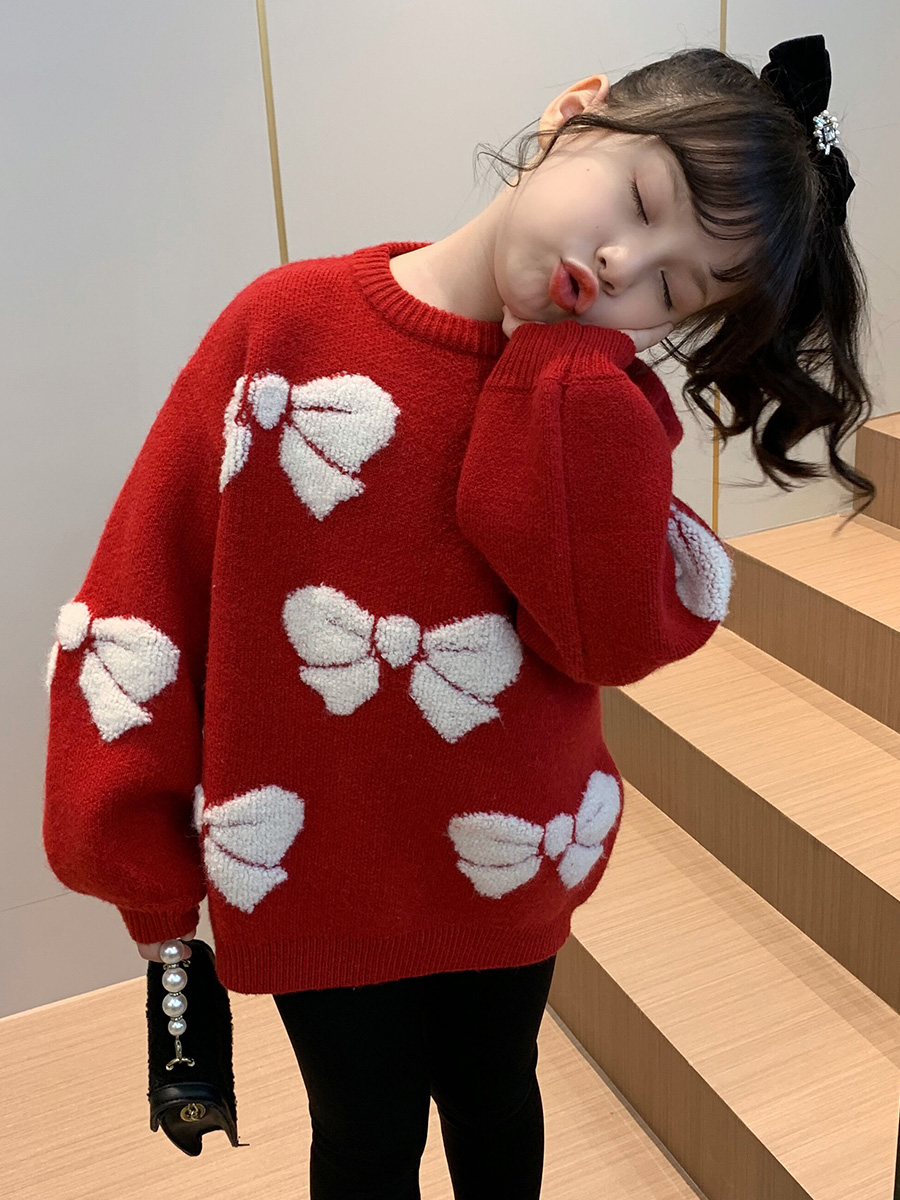女童毛衣洋气儿童针织衫冬装2023新款小女孩红色新年圆女童针织衫