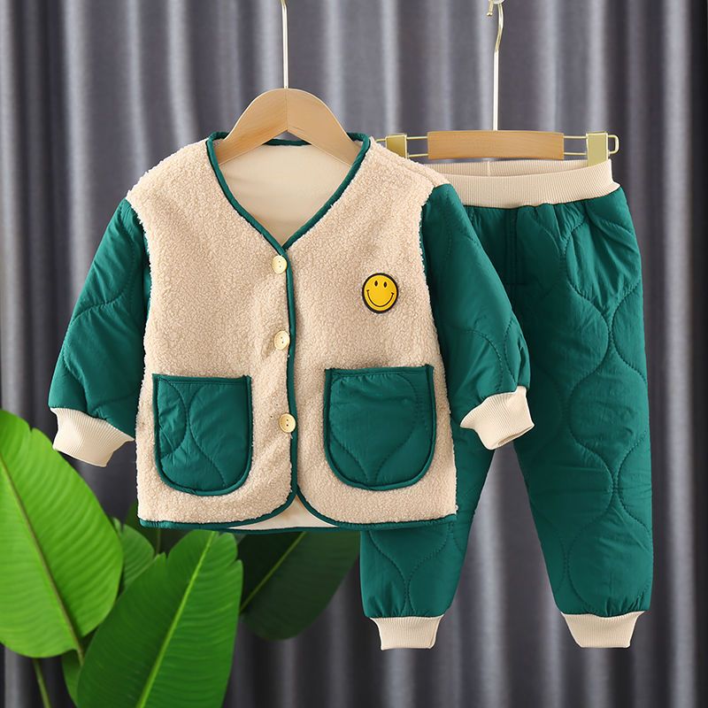 新款秋冬儿童加绒棉服套装男女宝宝家居服户外两件套1-5岁厚男童