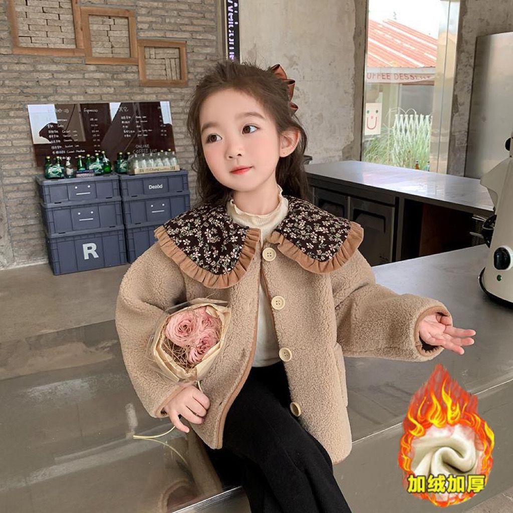 女童外套秋冬新款2023儿童加绒加厚外套碎花宝宝上衣洋气女小香风
