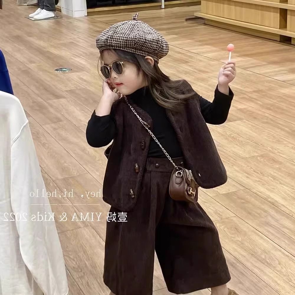 2023春秋女童韩国童装灯芯绒套装儿童洋气复古马甲外套长裤两件套