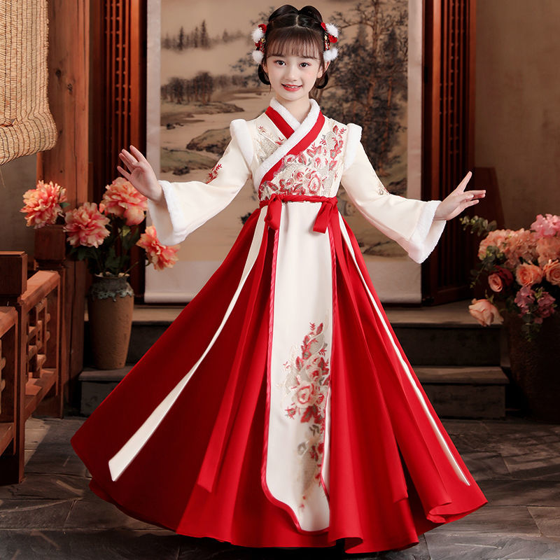 女童汉服冬装2023新款儿童加厚古装中国风唐装裙小女孩连衣裙春秋