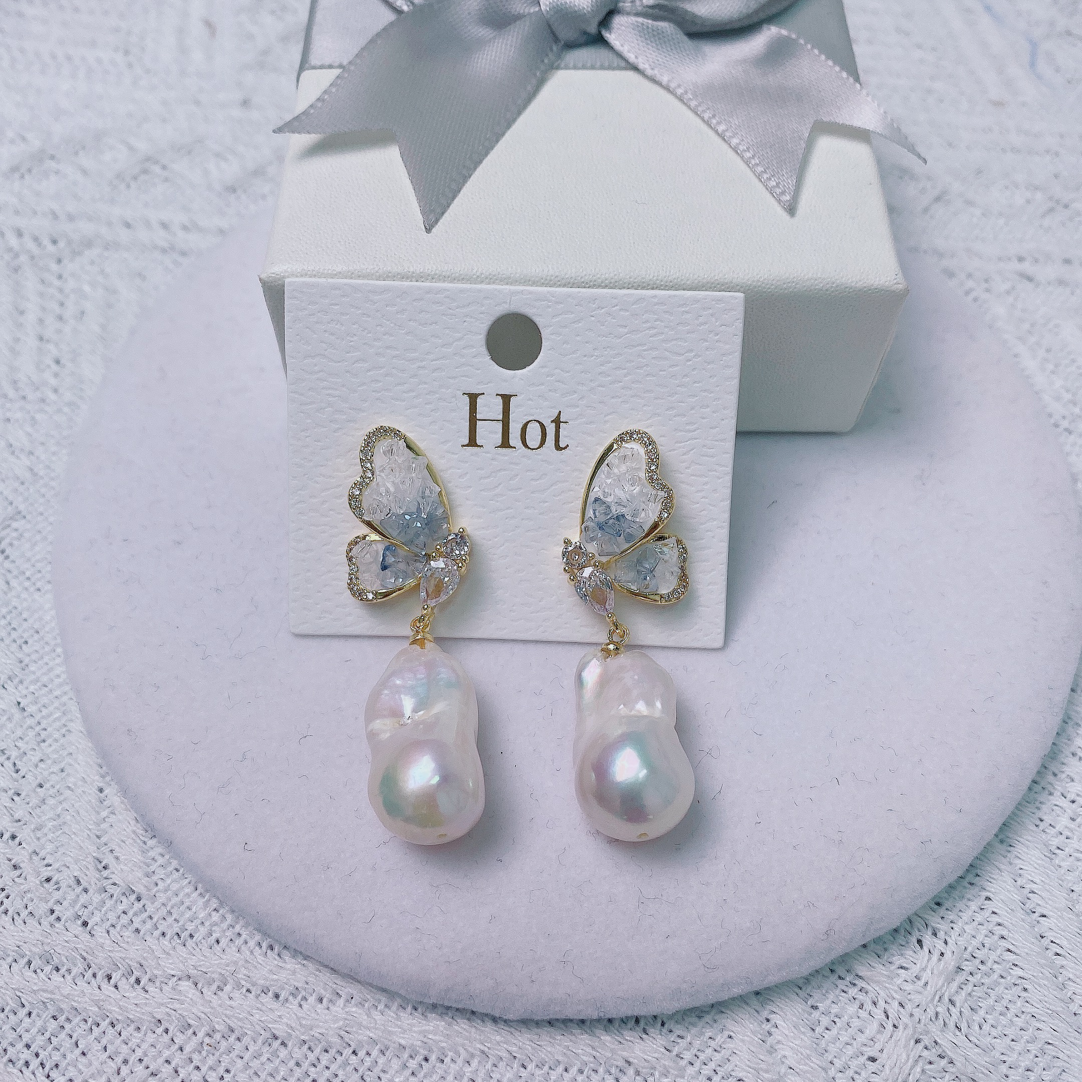 天然淡水珍珠236大巴蝴蝶耳环轻奢17-19m