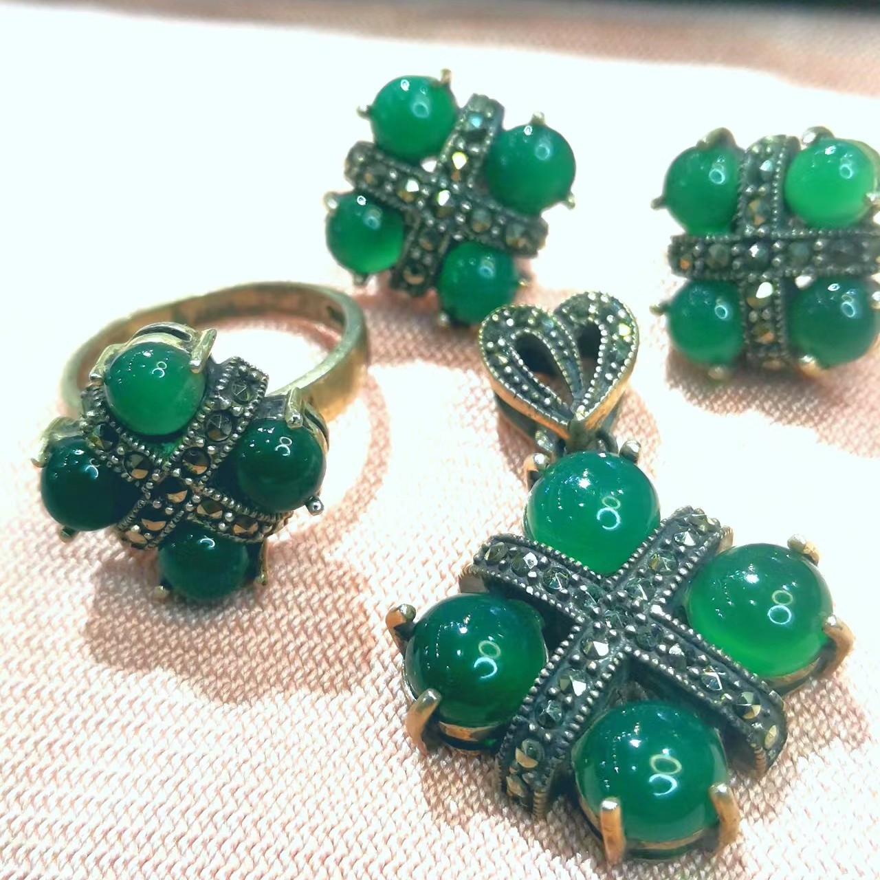 吊坠925银 复古新中式老钱风绿色三件套装重工手工气质镶嵌乌金石