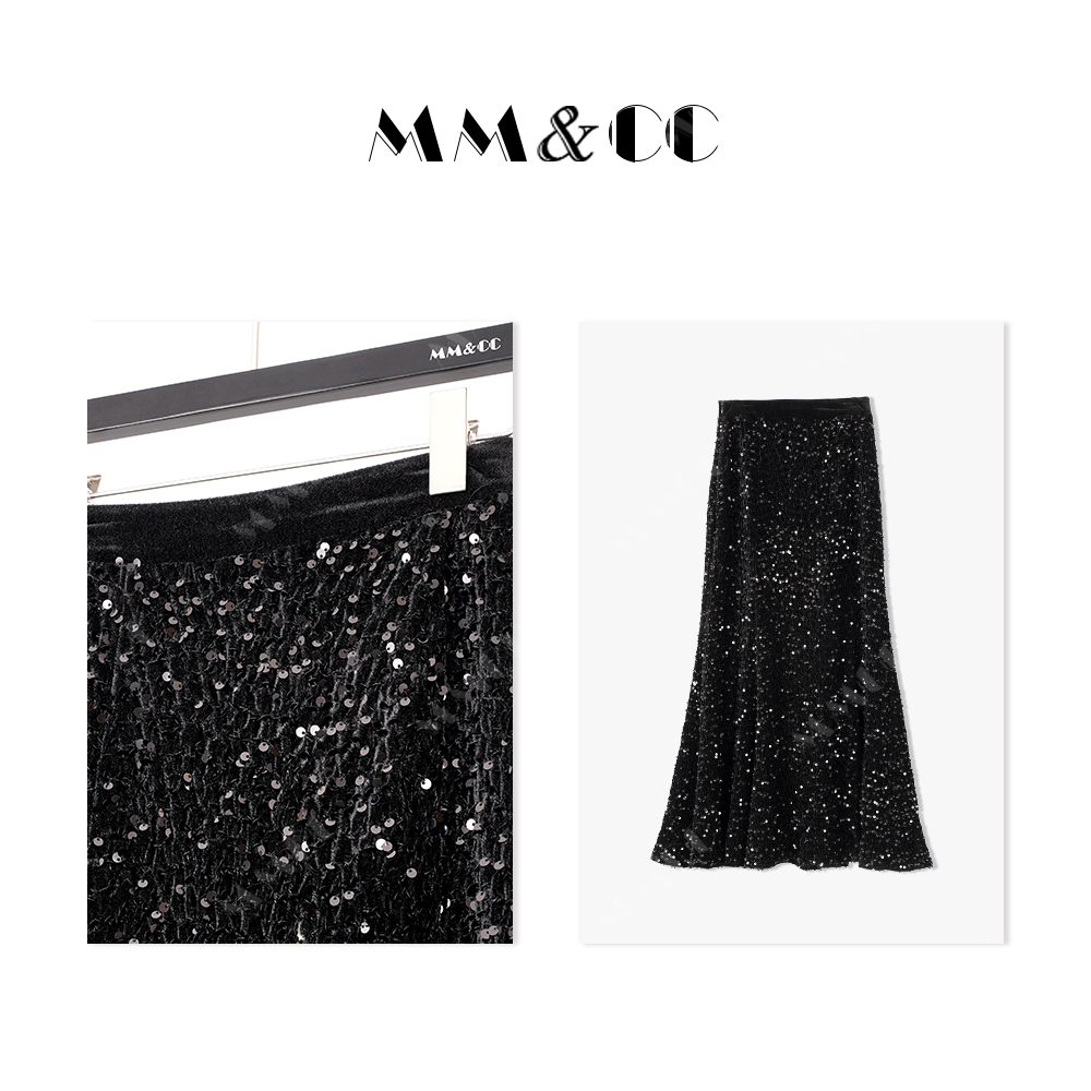 仫赐【鱼尾裙】新中式国风设计感轻奢气质亮片百搭黑色半身裙F9059