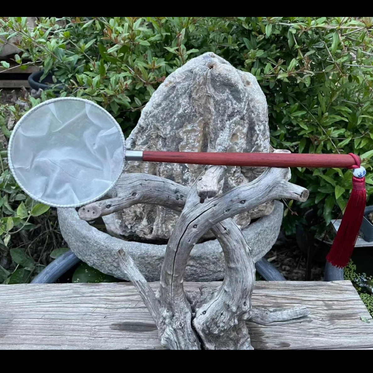 花梨木手工编织金鱼手抄网 网口20 杆50 中国结流苏 青花瓷圆珠 