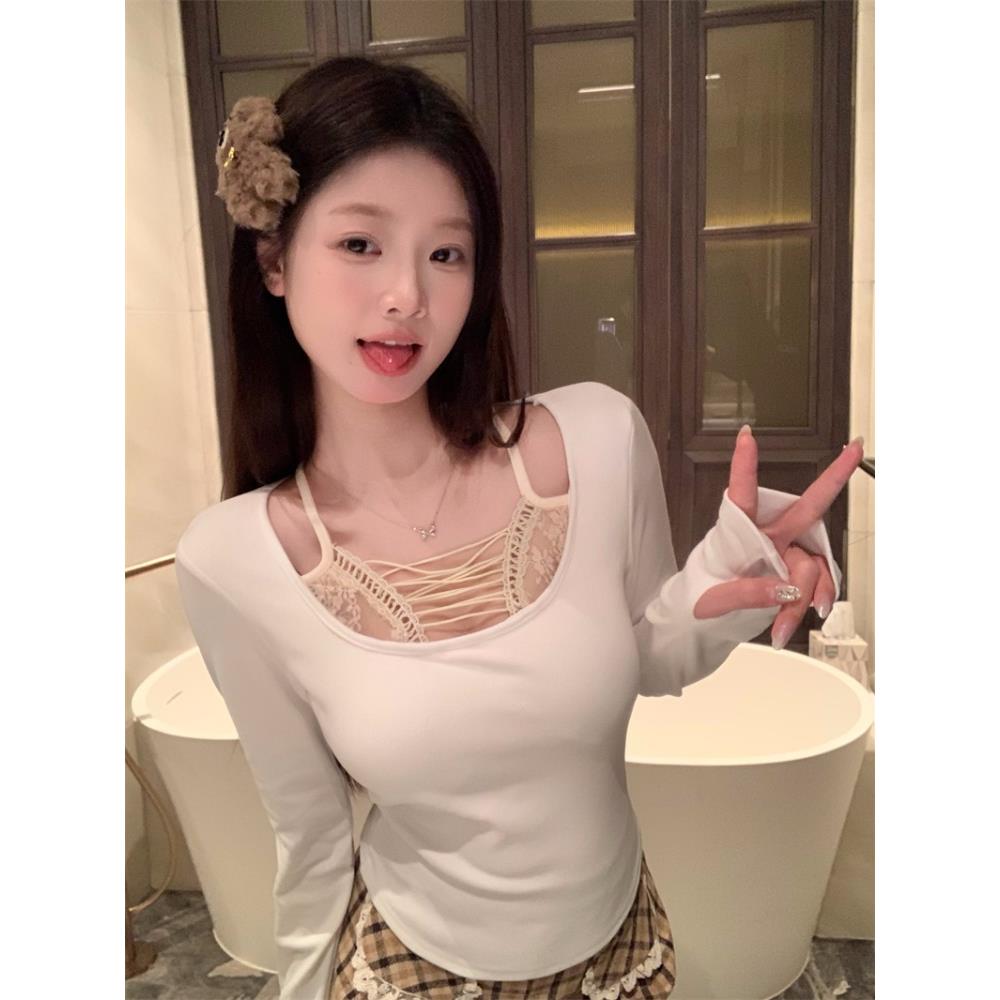 秋冬辣妹性感独特别致带胸垫打底衫女内搭假两件方领紧身短款上衣